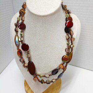 2/$30 Brown Glass Bronze Tone Pearls Necklace Beads Boho Retro Vintage doble 20"